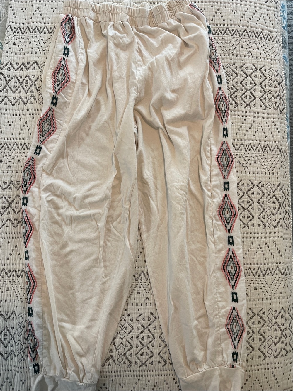 Cost Plus World Market Cream Joggers with Pink & Black Diamond Embroidery
